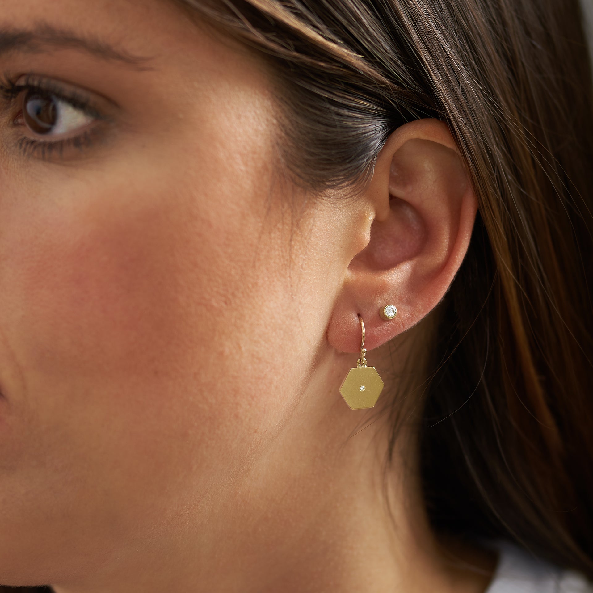 HEXAGON GOLD AND DIAMOND EARRINGS- LARGE image 1