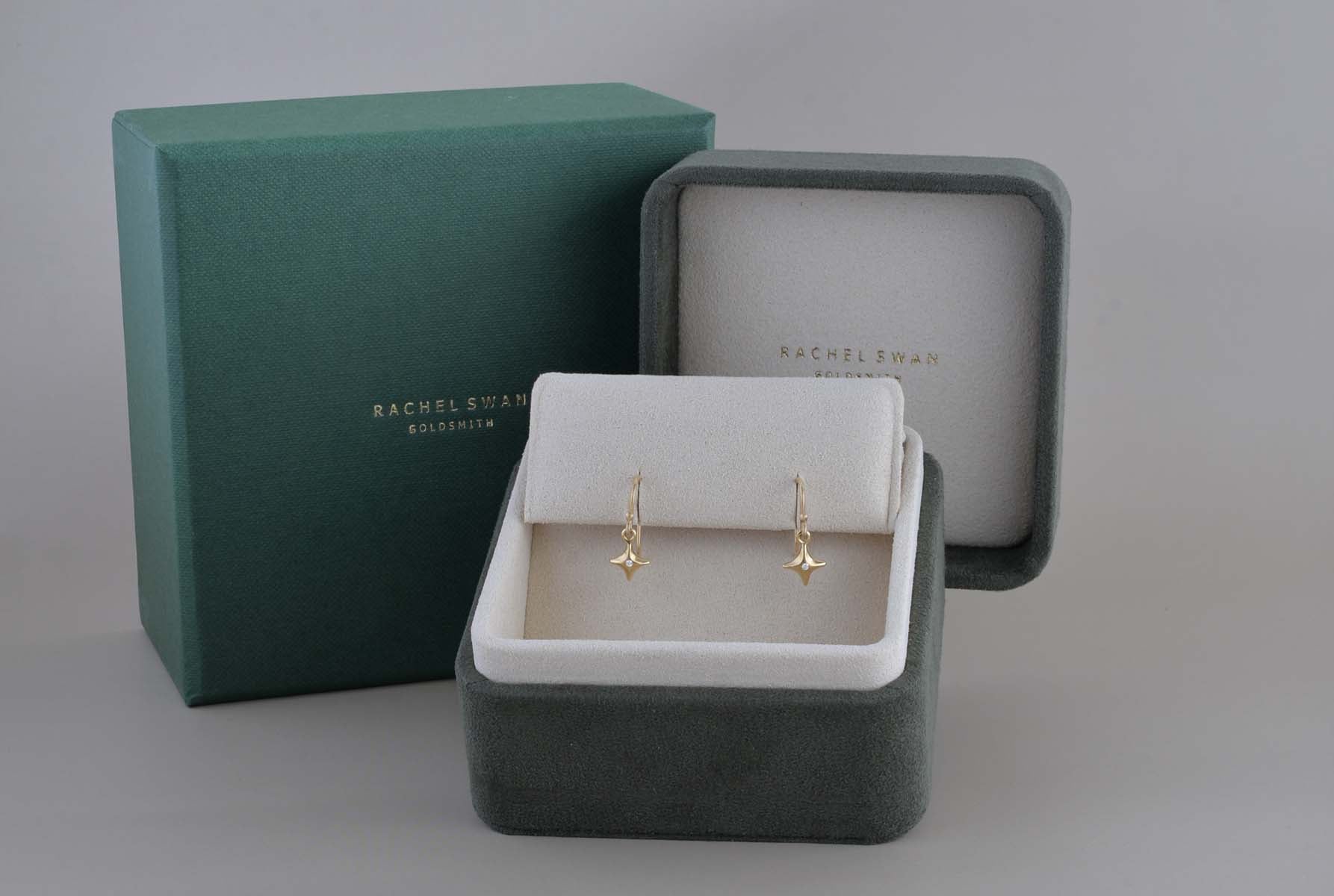 18ct gold and diamond Rian drop earrings, handmade in Dublin by Rachel Swan Goldsmith