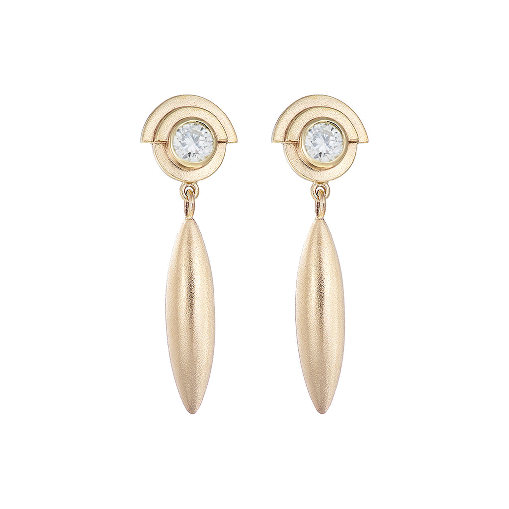 gold diamond deco droplet earrings, handmade in Dublin by Rachel Swan Goldsmith