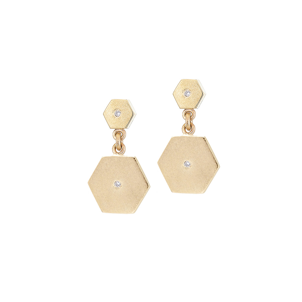 gold diamond double hexagon drop earrings, handmade in Dublin by Rachel Swan Goldsmith