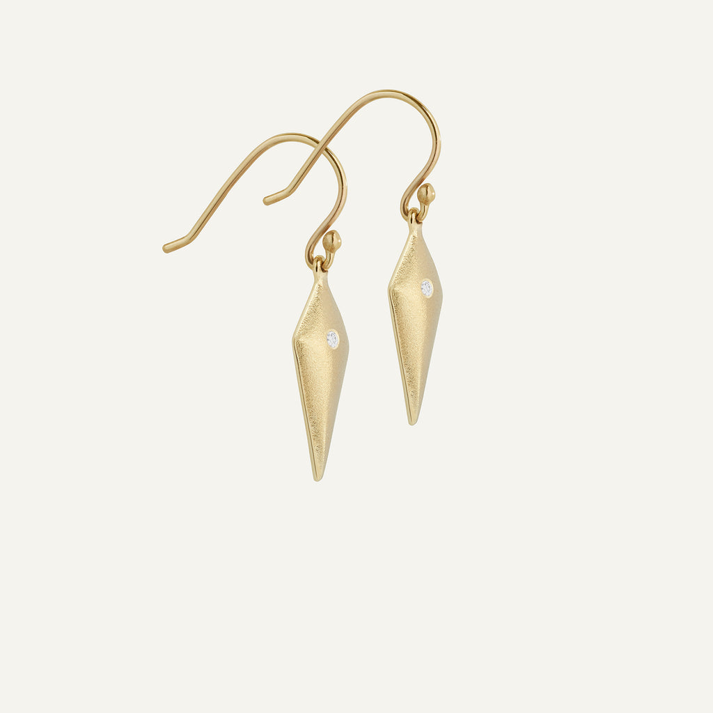 gold and diamond aegis drop earrings, handmade in Dublin by Rachel Swan Goldsmith