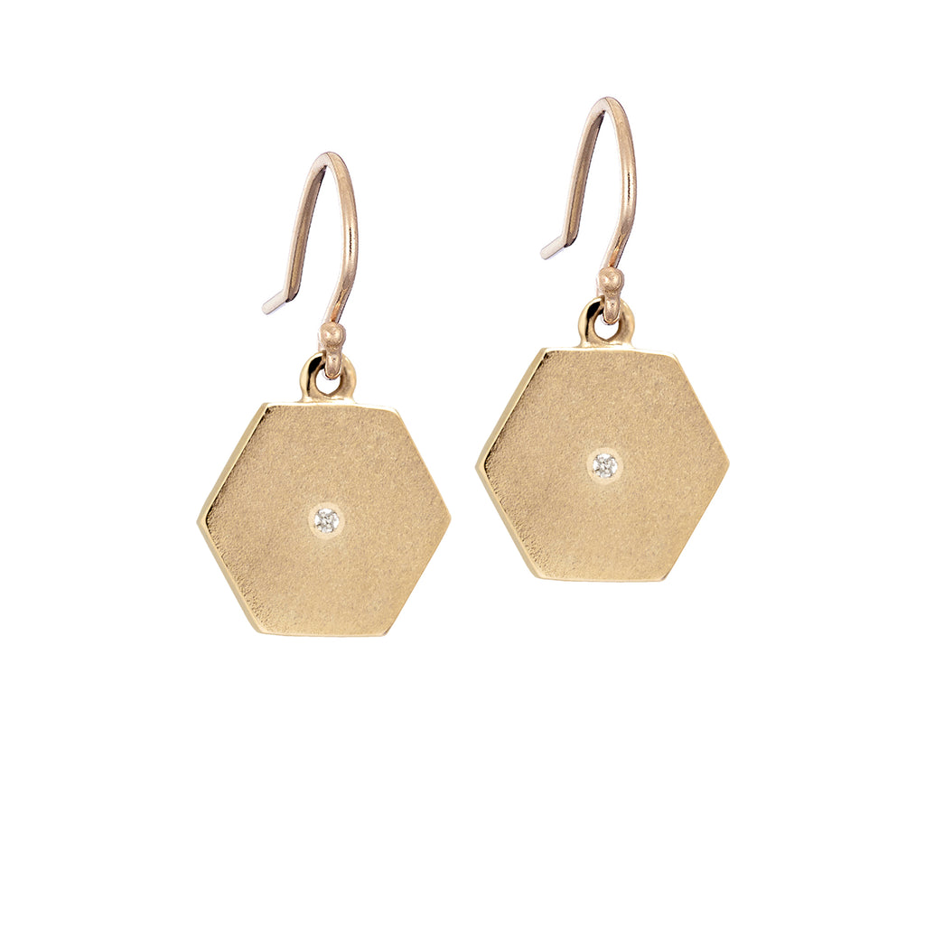 gold and diamond large hexagon drop earrings, handmade in Dublin by Rachel Swan Goldsmith