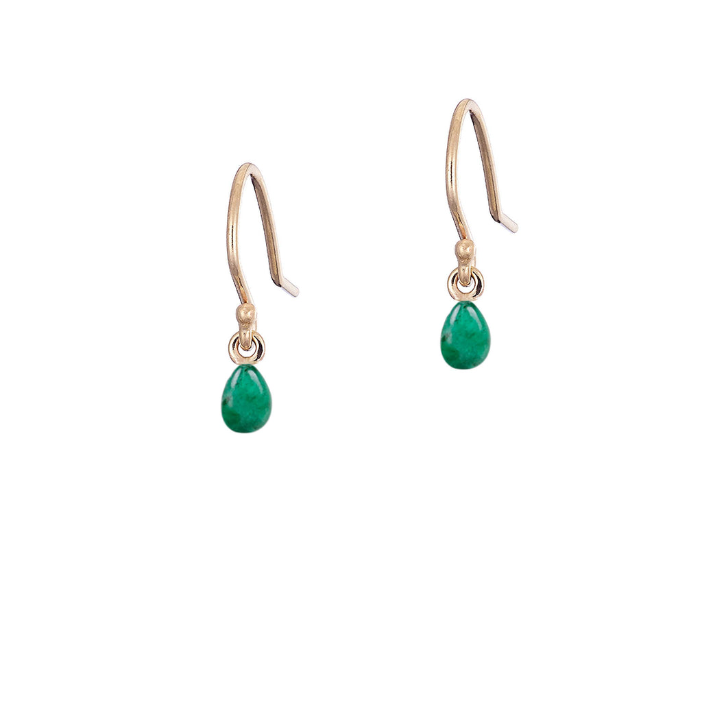 gold emerald droplet earrings, handmade in Dublin by Rachel Swan Goldsmith