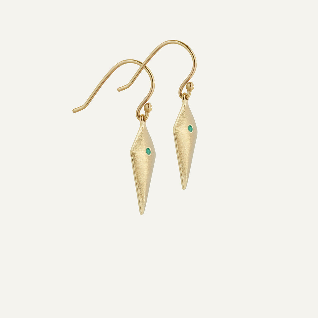 gold and emerald aegis drop earrings, handmade in Dublin by Rachel Swan Goldsmith