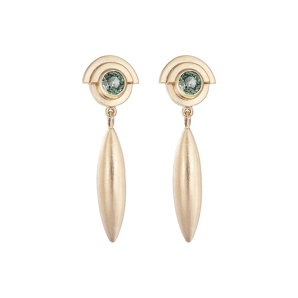 gold and green sapphire deco droplet earrings, handmade in Dublin by Rachel Swan Goldsmith