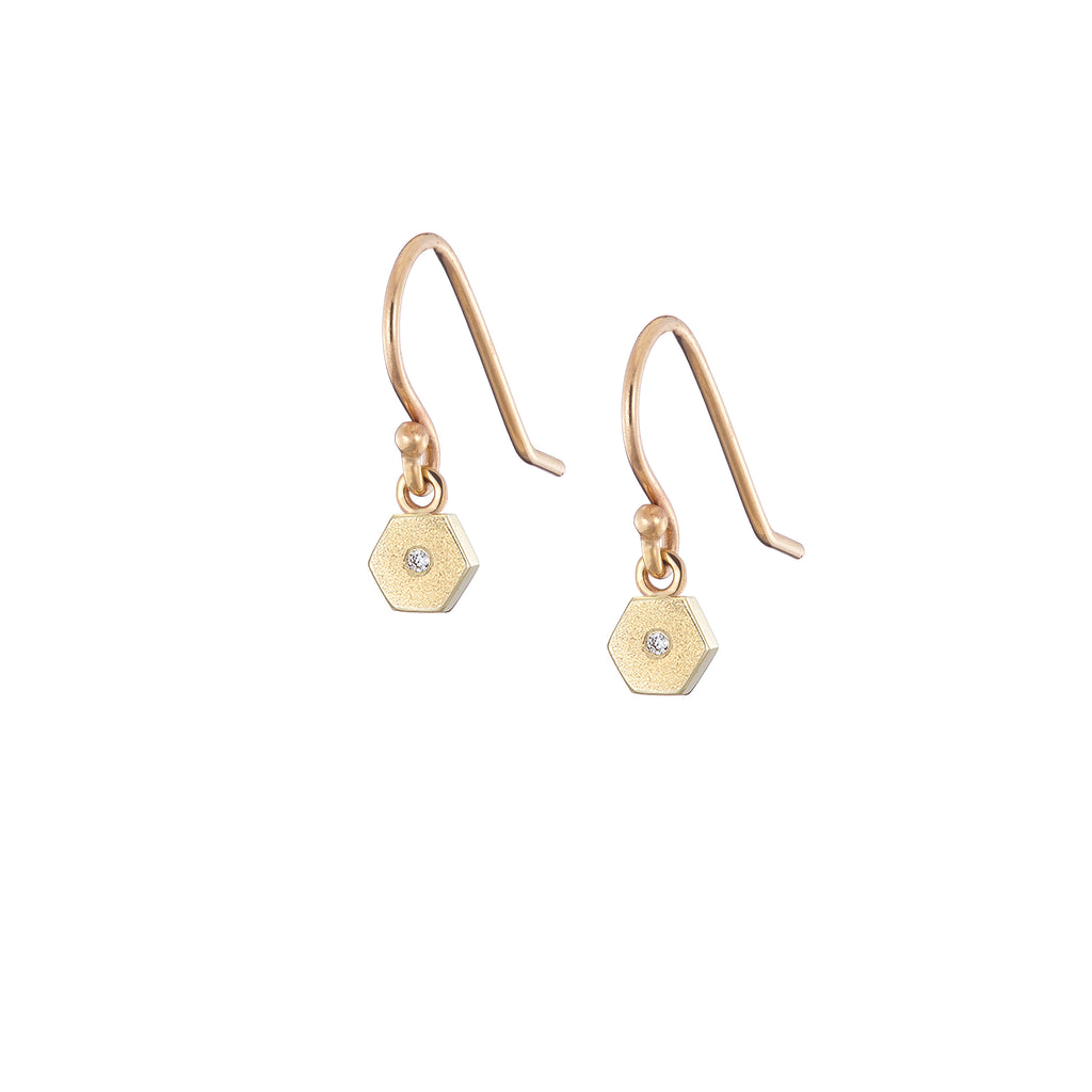 gold and diamond mini hexagon drop earrings, handmade in Dublin by Rachel Swan Goldsmith