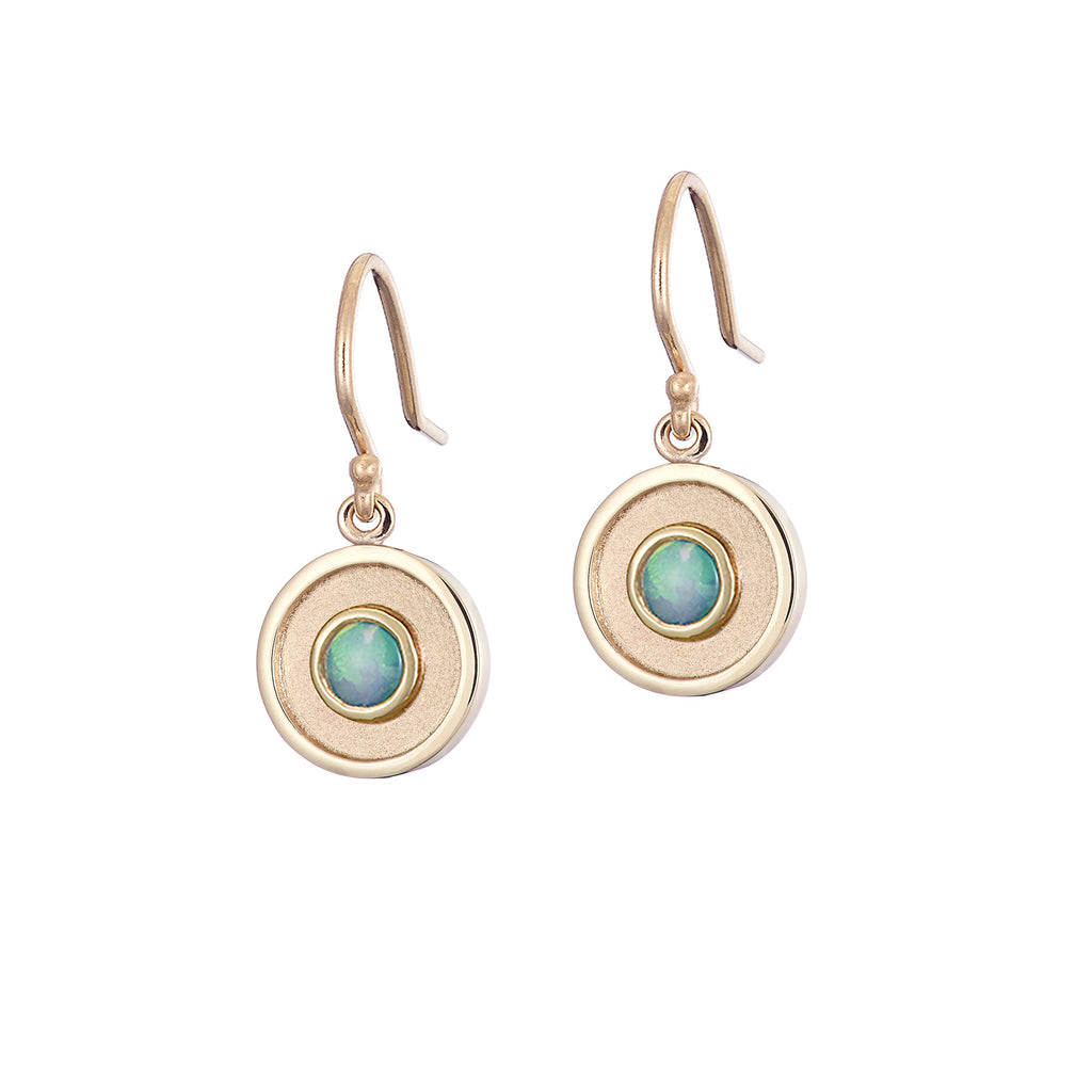 gold opal amulet earrings, handmade in Dublin by Rachel Swan Goldsmith