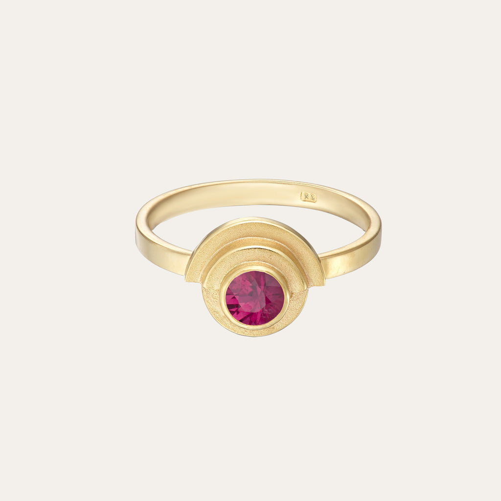 gold and ruby art deco ring, handmade in Dublin by Rachel Swan Goldsmith