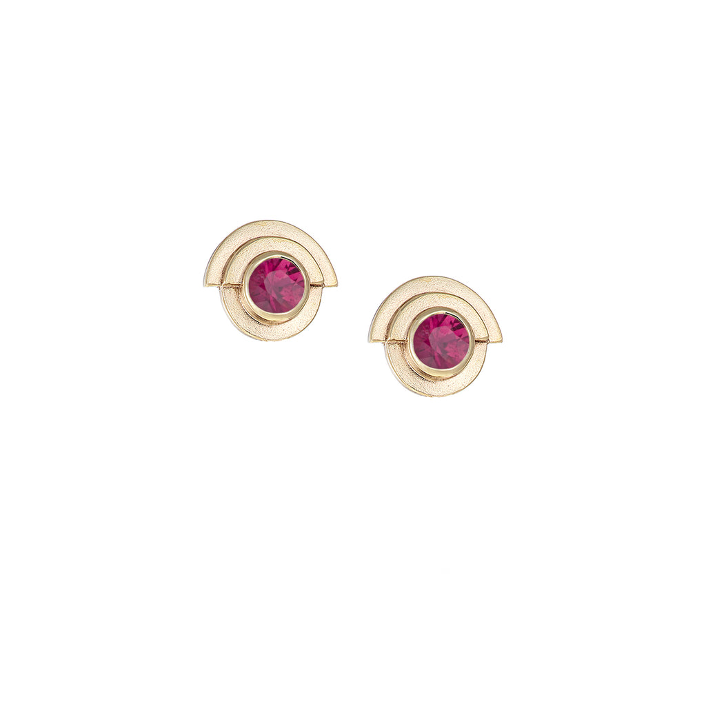 gold ruby deco stud earrings, handmade in Dublin by Rachel Swan Goldsmith