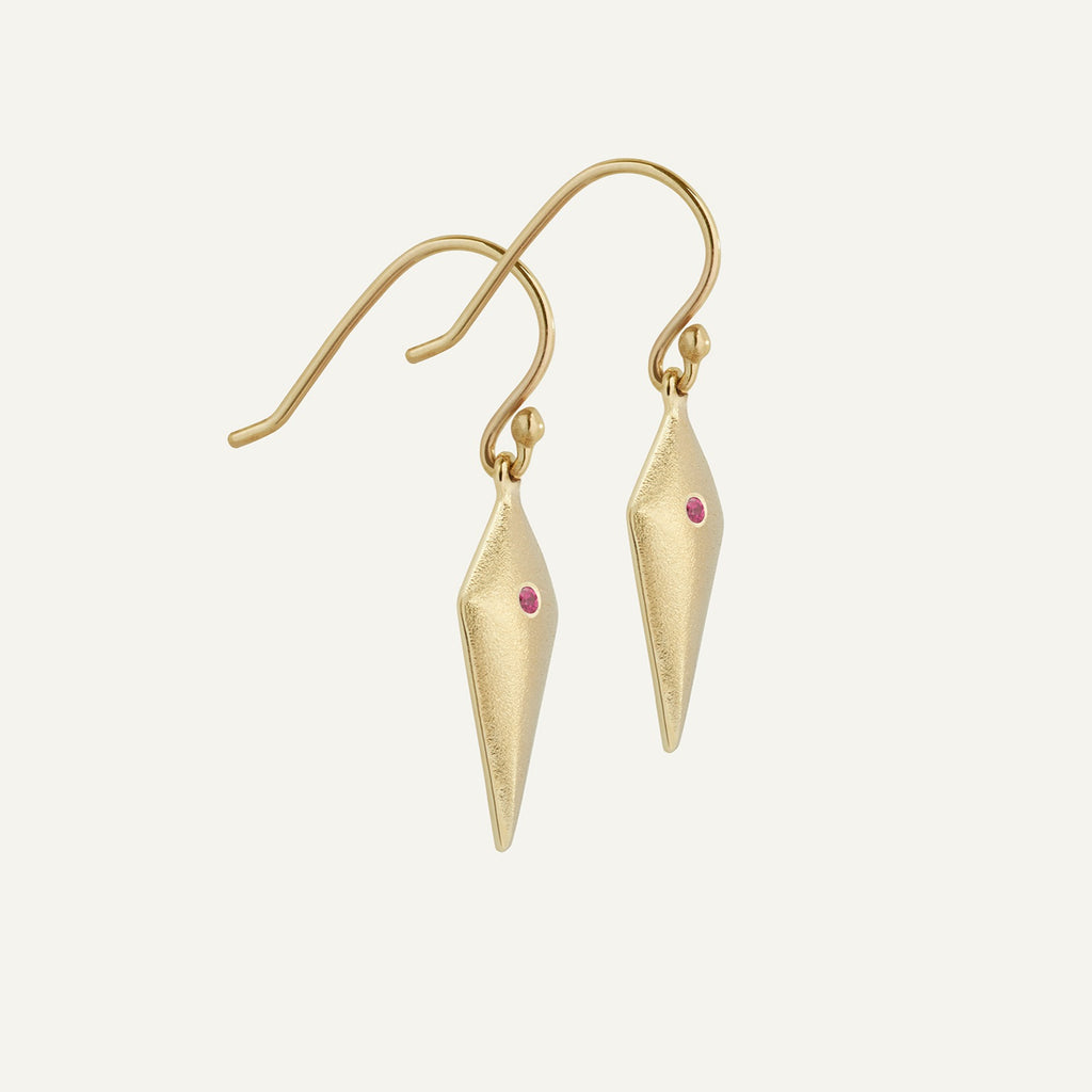gold and ruby aegis drop earrings, handmade in Dublin by Rachel Swan Goldsmith