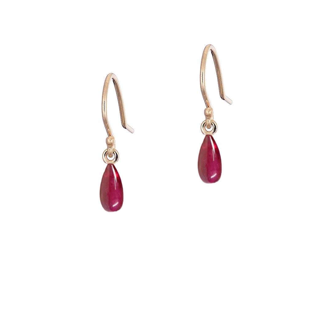 gold ruby droplet earrings, handmade in Dublin by Rachel Swan Goldsmith