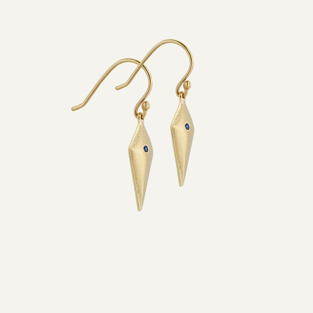 gold and sapphire aegis drop earrings, handmade in Dublin by Rachel Swan Goldsmith