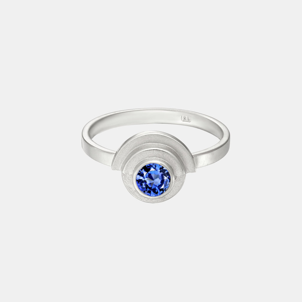 white gold sapphire deco ring, handmade in Dublin by Rachel Swan Goldsmith