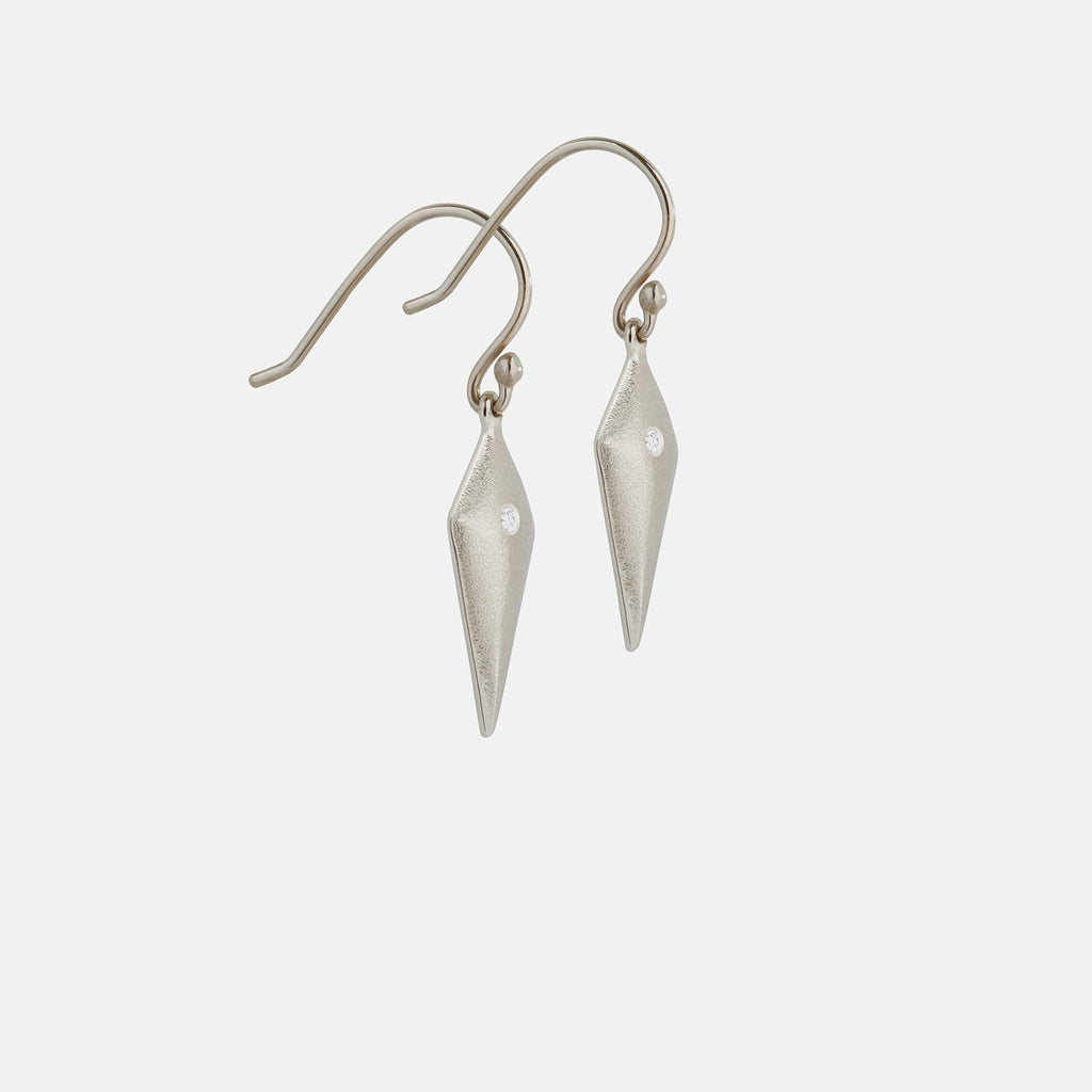 white gold diamond aegis drop earrings, handmade in Dublin by Rachel Swan Goldsmith