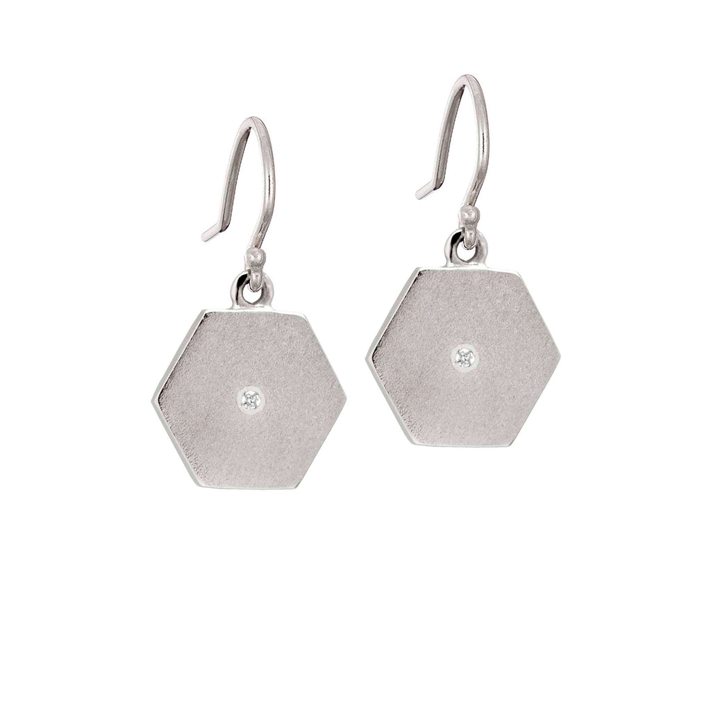 white gold diamond hexagon drop earrings, handmade in Dublin by Rachel Swan Goldsmith