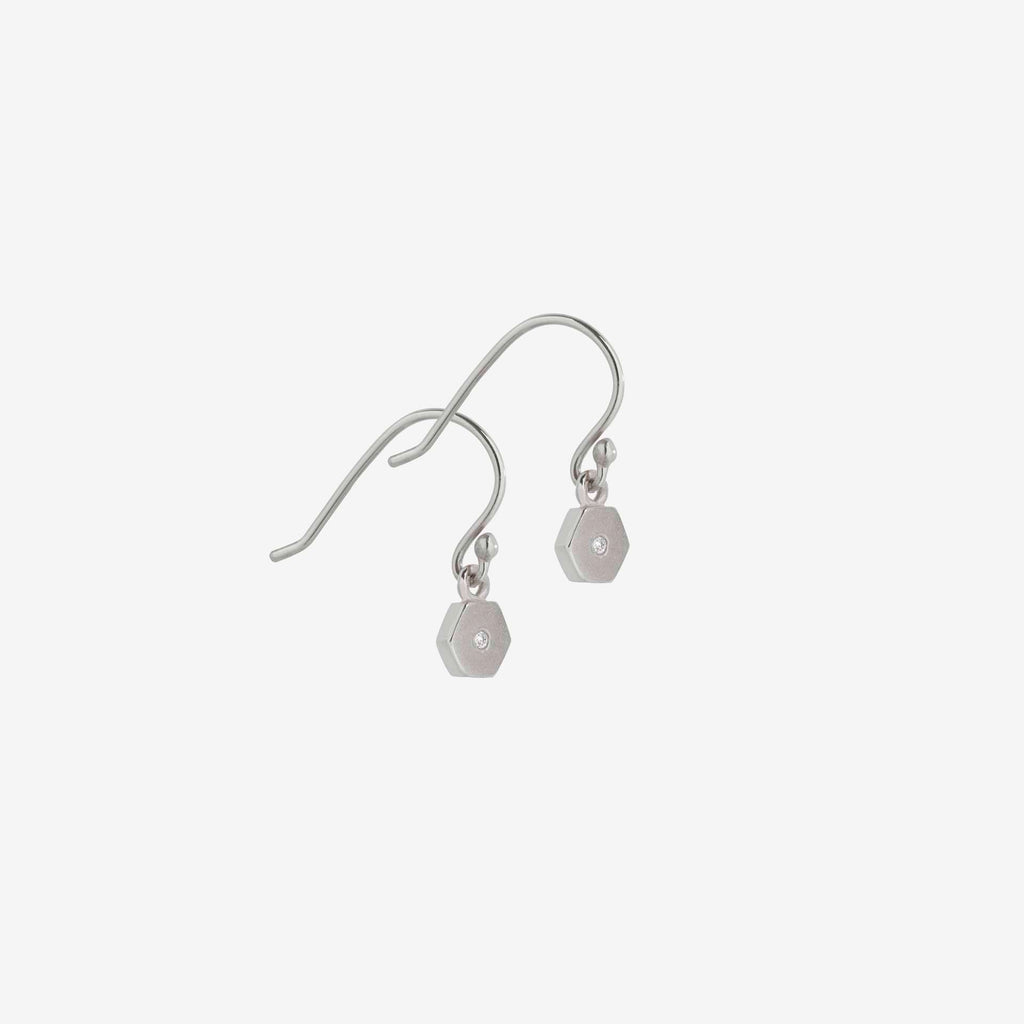white gold diamond mini hexagon drop earrings, handmade in Dublin by Rachel Swan Goldsmith