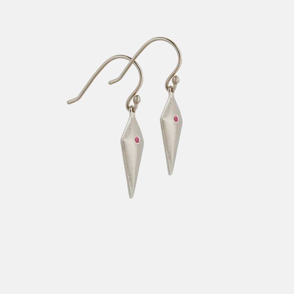 white gold ruby aegis drop earrings, handmade in Dublin by Rachel Swan Goldsmith