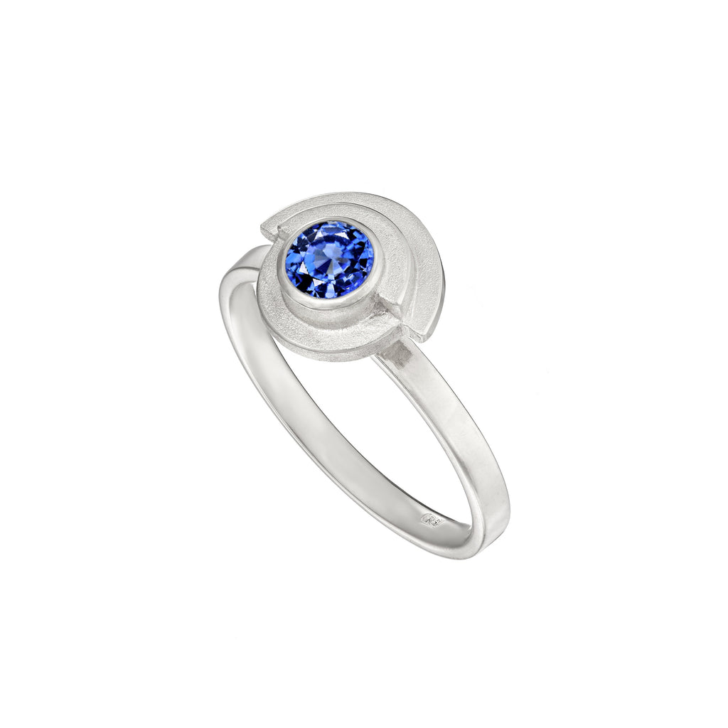 white gold sapphire deco ring, handmade in Dublin by Rachel Swan Goldsmith