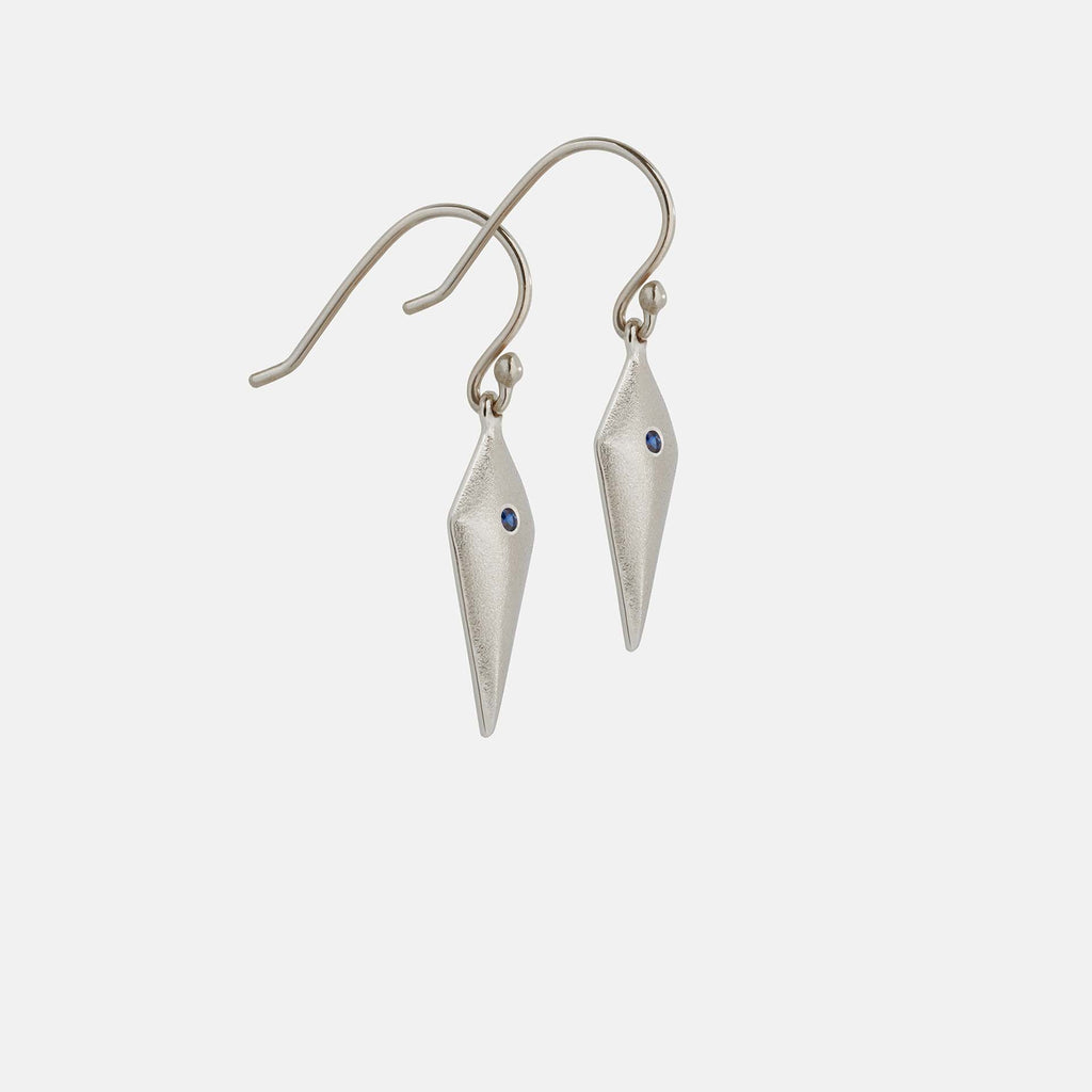 white gold and sapphire aegis drop earrings, handmade in Dublin by Rachel Swan Goldsmith